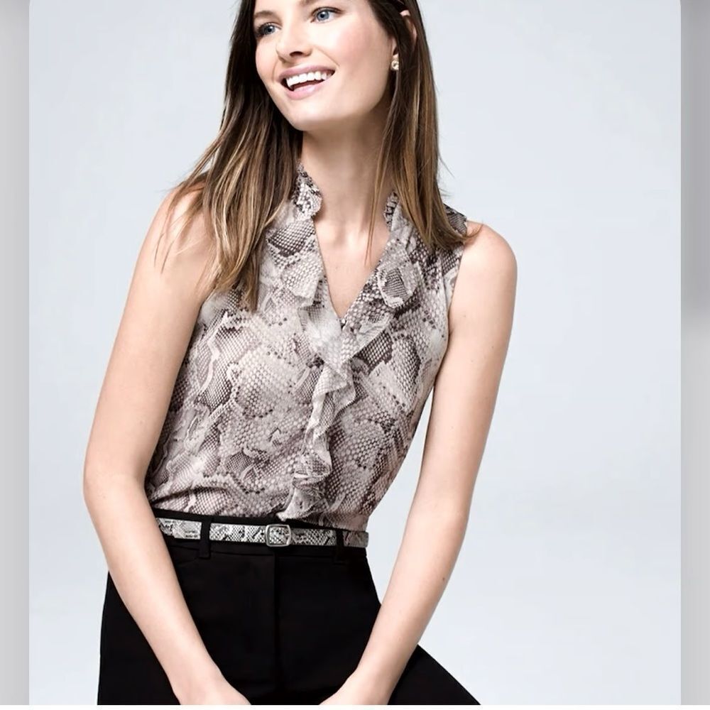 White House Black Market Beige Snake Print Ruffle Sleeveless Blouse